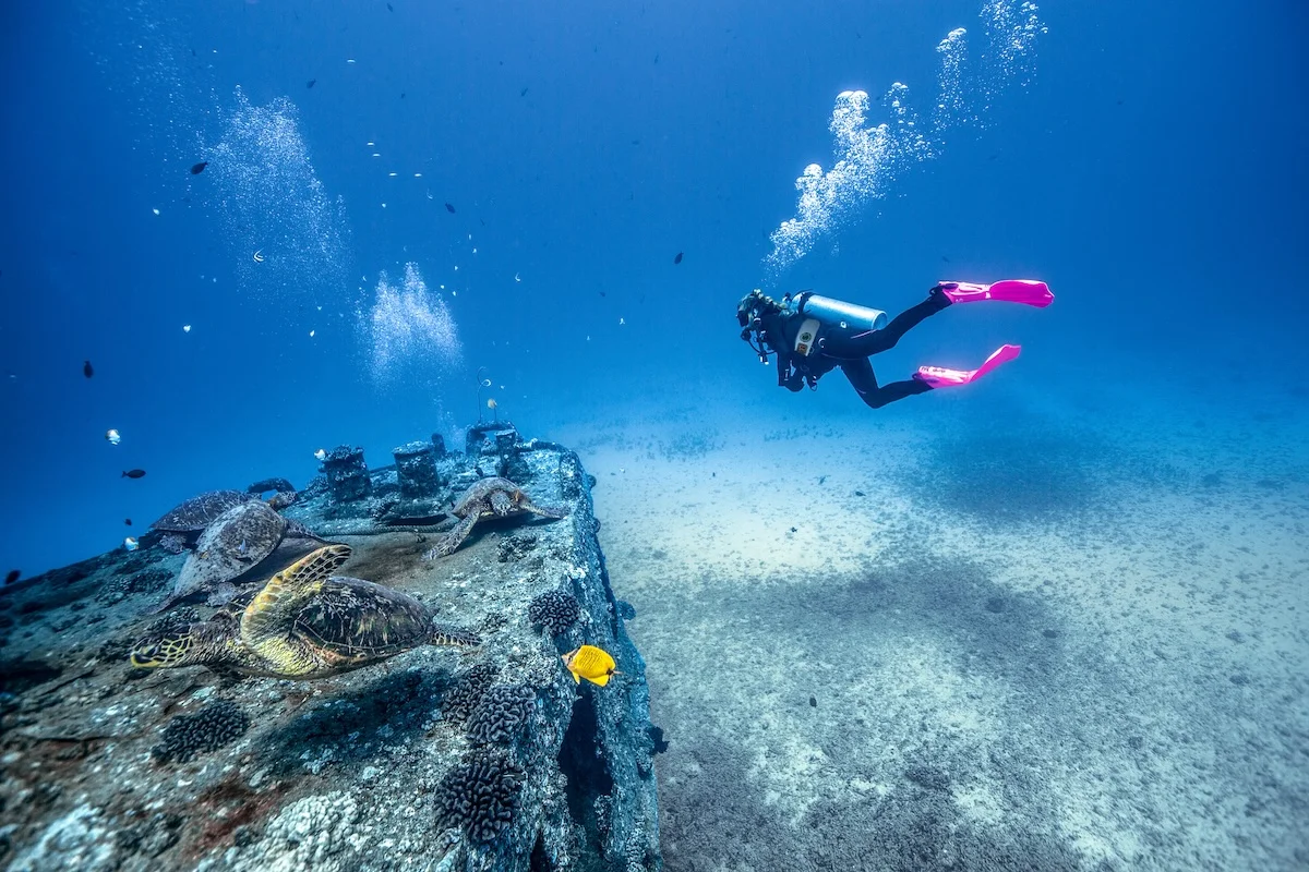 Scuba diver diving near wreck