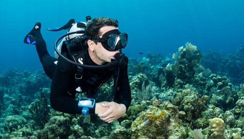 Underwater diver over coral