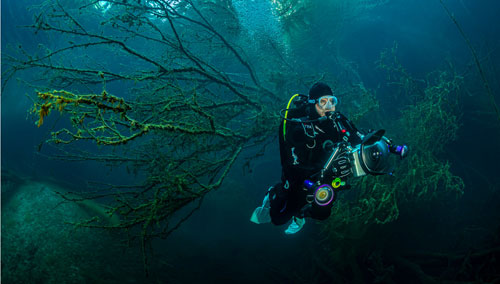 Diver in a SCUBAPRO Definition Dry HD Drysuit exploring the dark ocean