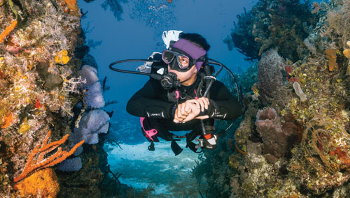 Underwater diver swimming between two reefs