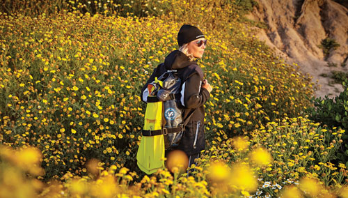 Woman walking through a field of yellow flowers