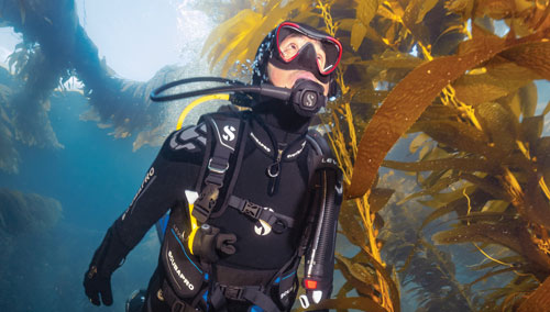 Diver in SCUBAPRO gear swimming in a kelp forest