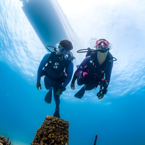 View from below of divers in SCUBAPRO divewear