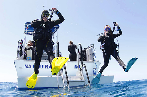 FUN COLORS Scuba divers jumping off the boat in GO Sport Fins
