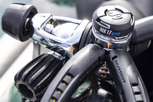 MK17 EVO2 Dive regulator first stage mounted on a tank valve